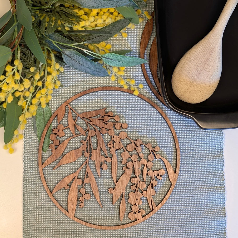Flowering Wattle: Australian Wooden Trivet / Pot Stand (Large)