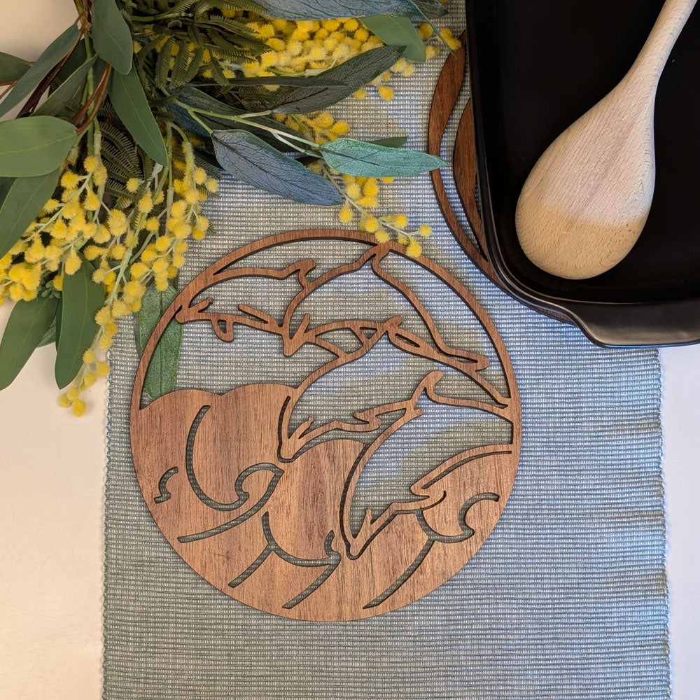 Jumping Dolphins: Australian Wooden Trivet / Pot Stand (Large)