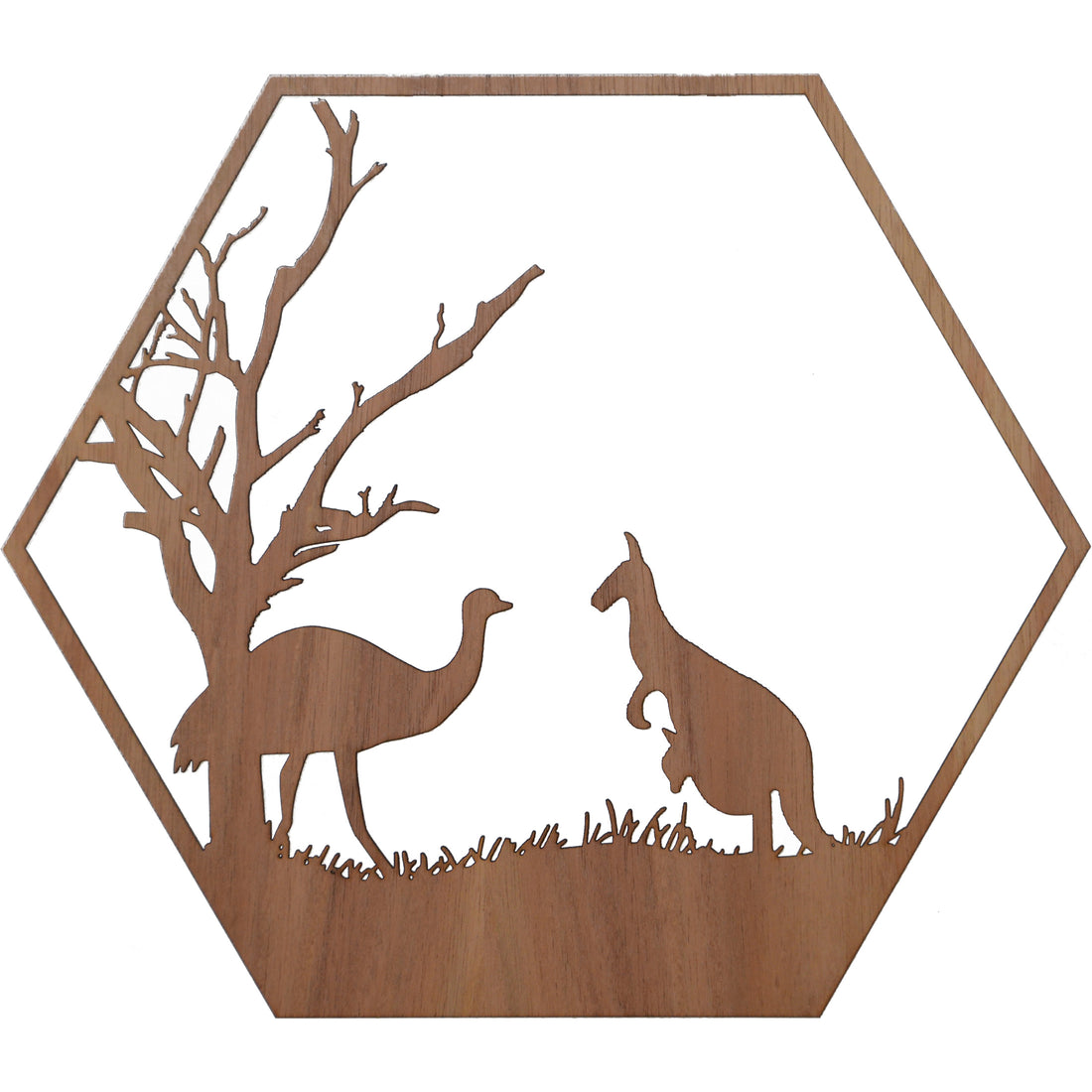Kangaroo and Emu: Australian Timber Hexagon Wall Art