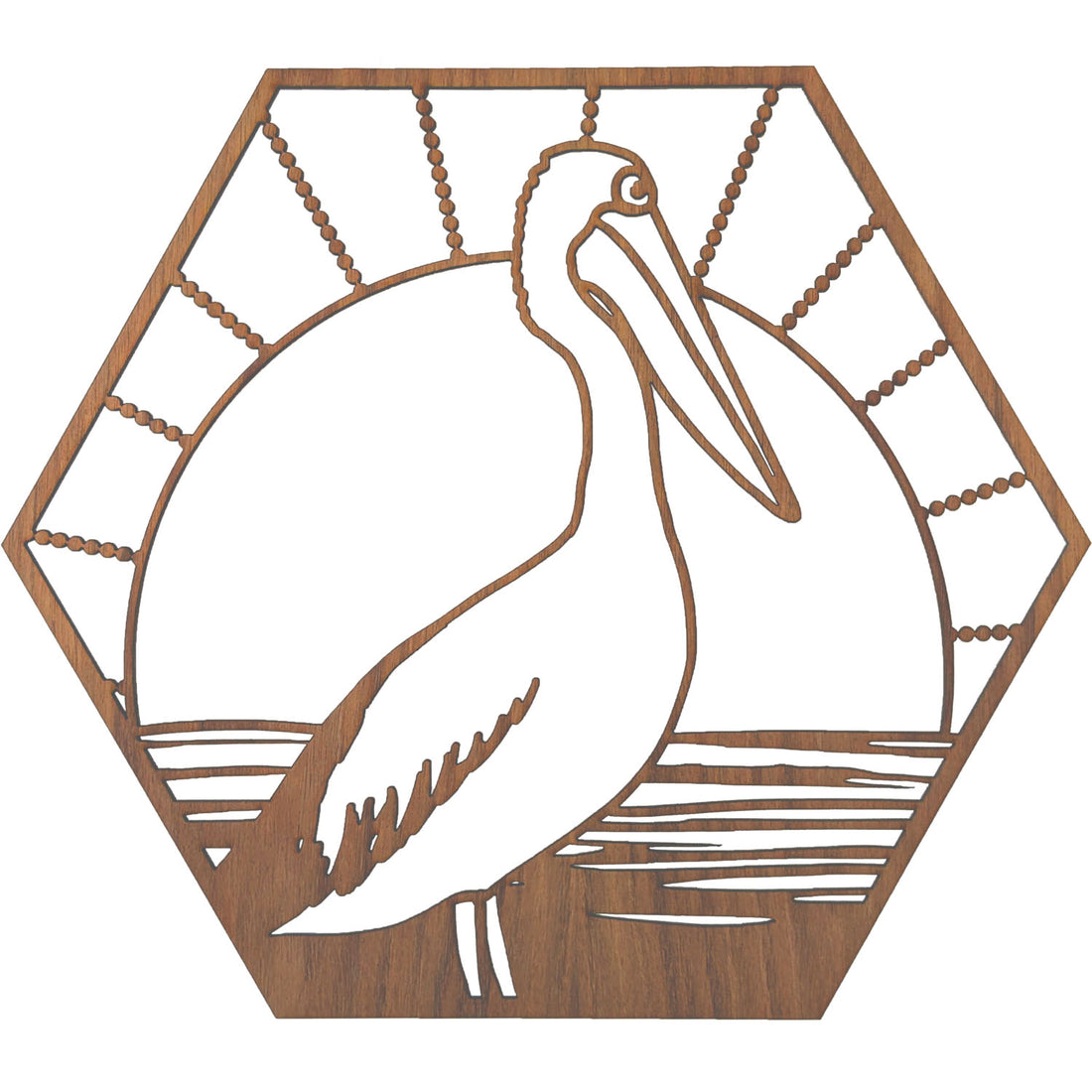 Pelican Sunset: Australian Timber Hexagon Wall Art