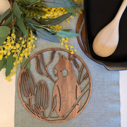 Black Cockatoo Australian timber Animal Trivet Pot Stand by Straya Art - Laser Cut Hardwood from the Australian Dining Collection