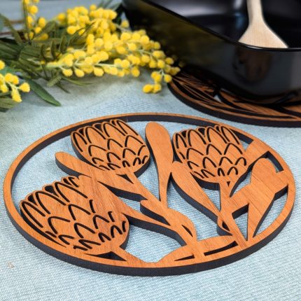Protea flowers Australian timber Animal Trivet Pot Stand by Straya Art - Laser Cut Hardwood from the Australian Dining Collection
